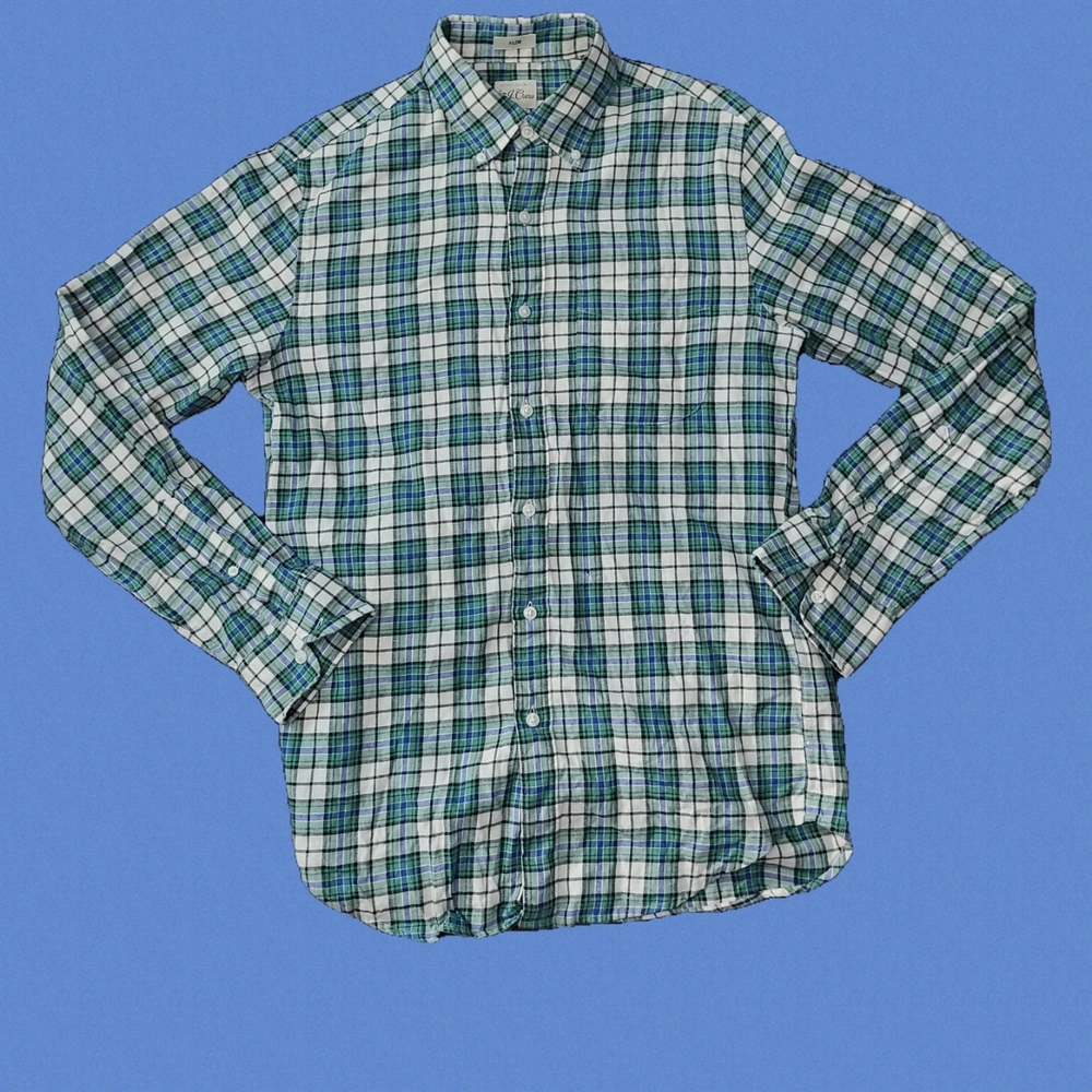 J Crew Blue White Green Slim Fit Plaid Print Button Down Men Shirt Small